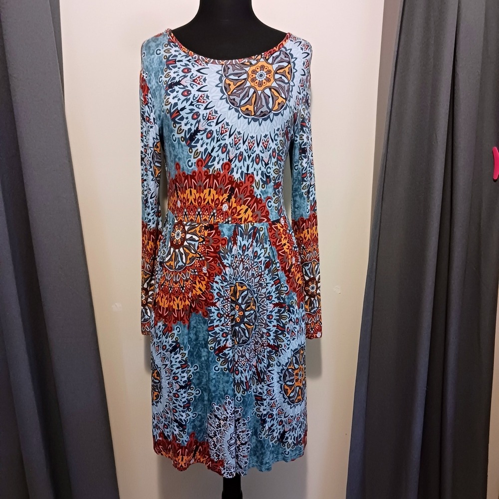 Eclectic Vibrant Whimsical Bohemian Mandala Print Fit & Flare Boho Dress L